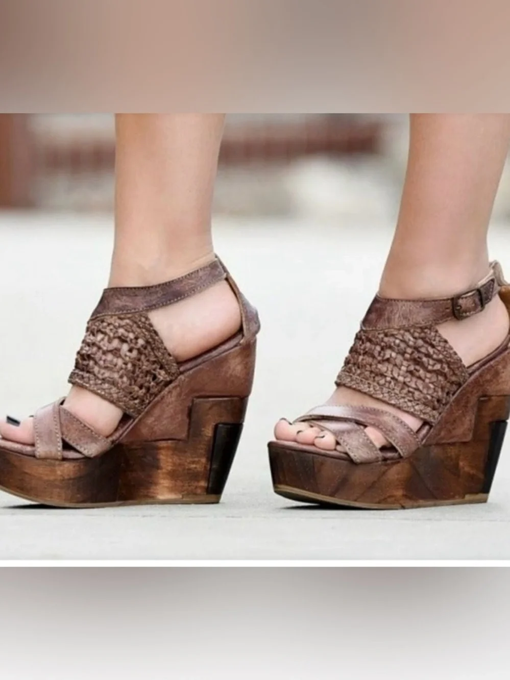 Bed Stu Petra Black Woven Leather Platform Wedge Sandals Boho Wood Heel 7